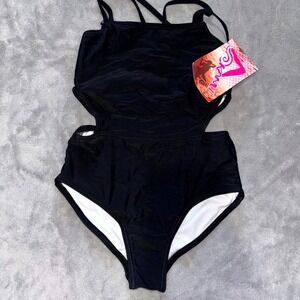 Kanu Surf Sport One Piece Swimsuit Girls 8 Black Stretch Cut Out Strappy Beach